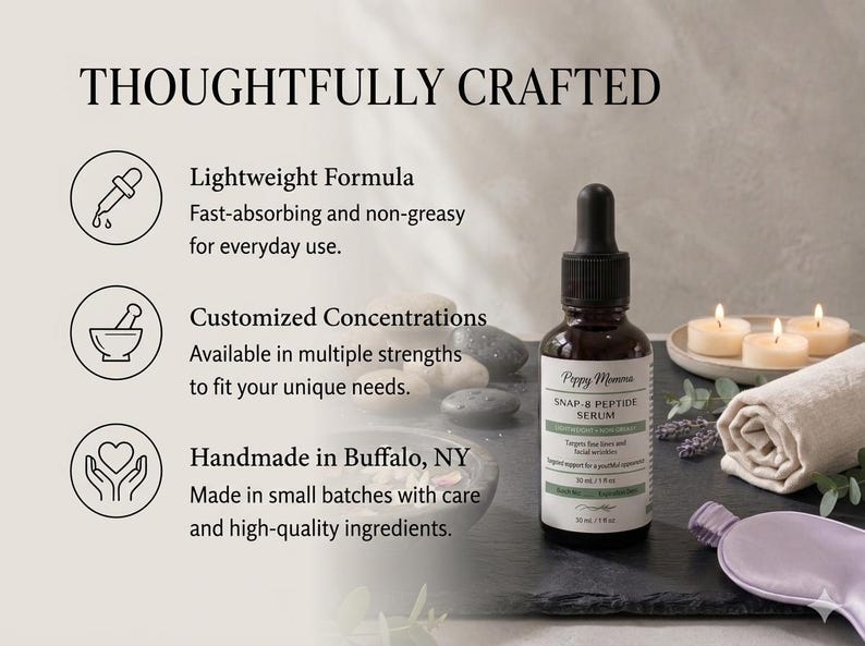 Lightweight formula. Fast-absorbing and non-greasy for everyday use. Customized Concentrations. Available in multiple strengths to fit your unique needs. Handmade in Buffalo, NY.