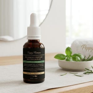May include: A brown glass dropper bottle of Peppy Momma Advanced Peptide Matrix Serum. The black label features white text, a green accent stripe, and states 30 ml / 1 fl oz. The bottle has a white dropper cap and sits upright on a surface.