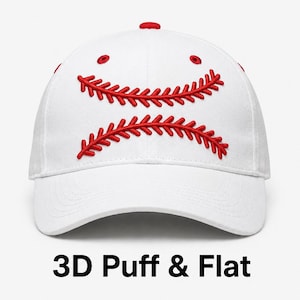 May include: White baseball cap with red stitching details, resembling a baseball. The cap has a curved peak and a red button on top. The text "3D Puff & Flat" is displayed below the cap.