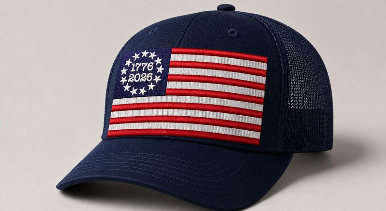 May include: Navy blue baseball cap featuring a patch with the American flag design. The flag includes red and white stripes, a blue field with stars, and the dates "1776" and "2026". The cap has a mesh back.
