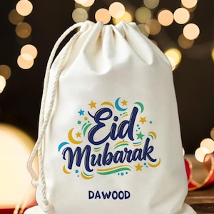 Personalized Eid Mubarak Gift Bag - Custom Name Ramadan Favor Bag for Kids - Colorful Islamic Drawstring Treat Sack - Cotton Eidi Pouch