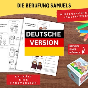 Op de afbeelding: Een printbaar knutselblad getiteld Die Berufung Samuels met zwart-wit illustraties van bijbelse scènes om uit te knippen en tot een kubus te vouwen, vergezeld van een afgewerkte gekleurde kubus en kleurpotloden op een houten ondergrond.