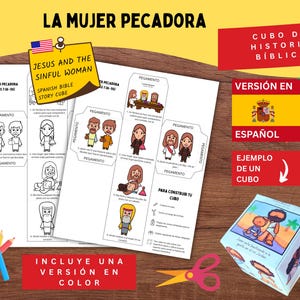 May include: A Spanish Bible story cube kit with the title "Jesus and the Sinful Woman." The kit includes printable black and white illustrations, a color version, and instructions. The image also shows a finished cube and colored pencils.