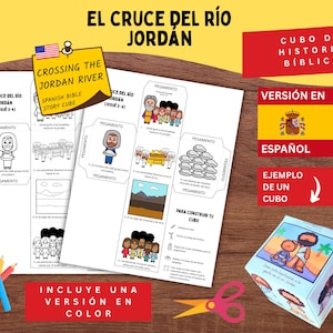 May include: A Spanish Bible story cube kit titled "Crossing the Jordan River." The kit features black and white illustrations, a colour version, and instructions. Text includes "Spanish Bible Story Cube" and "Includes a colour version."