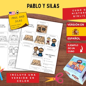 May include: A Spanish Bible Story Cube kit with instructions and a color version. The kit includes printed sheets with illustrations and text, a sample cube, and a pair of scissors. The text on the cube is "Paul and Silas".