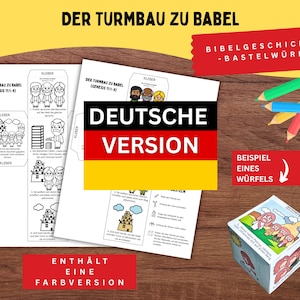 May include: A set of paper craft sheets with illustrations and text in German, titled "DER TURMBAU ZU BABEL". Includes a sample cube, colored pencils, and the text "DEUTSCHE VERSION". The theme is a Bible story.