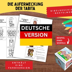 May include: A printable craft set titled Die Auferweckung der Tabita featuring black and white activity sheets for creating paper cubes. The set includes instructions, illustrated scenes from the Bible, and a finished colorful cube example.