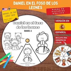 May include: A Spanish Bible story wheel with the title "Daniel in the Lions' Den." The wheel features illustrations of lions, Daniel praying, and related scenes. Includes the text "Spanish Bible Story Wheel."
