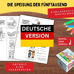 Könnte beinhalten: Ein ausdruckbares Bastelblatt mit dem Titel DIE SPEISUNG DER FÜNFTAUSEND mit schwarz-weißen Illustrationen biblischer Szenen sowie einem fertig gebastelten, farbigen Papierwürfel mit Comicfiguren und deutschem Text.
