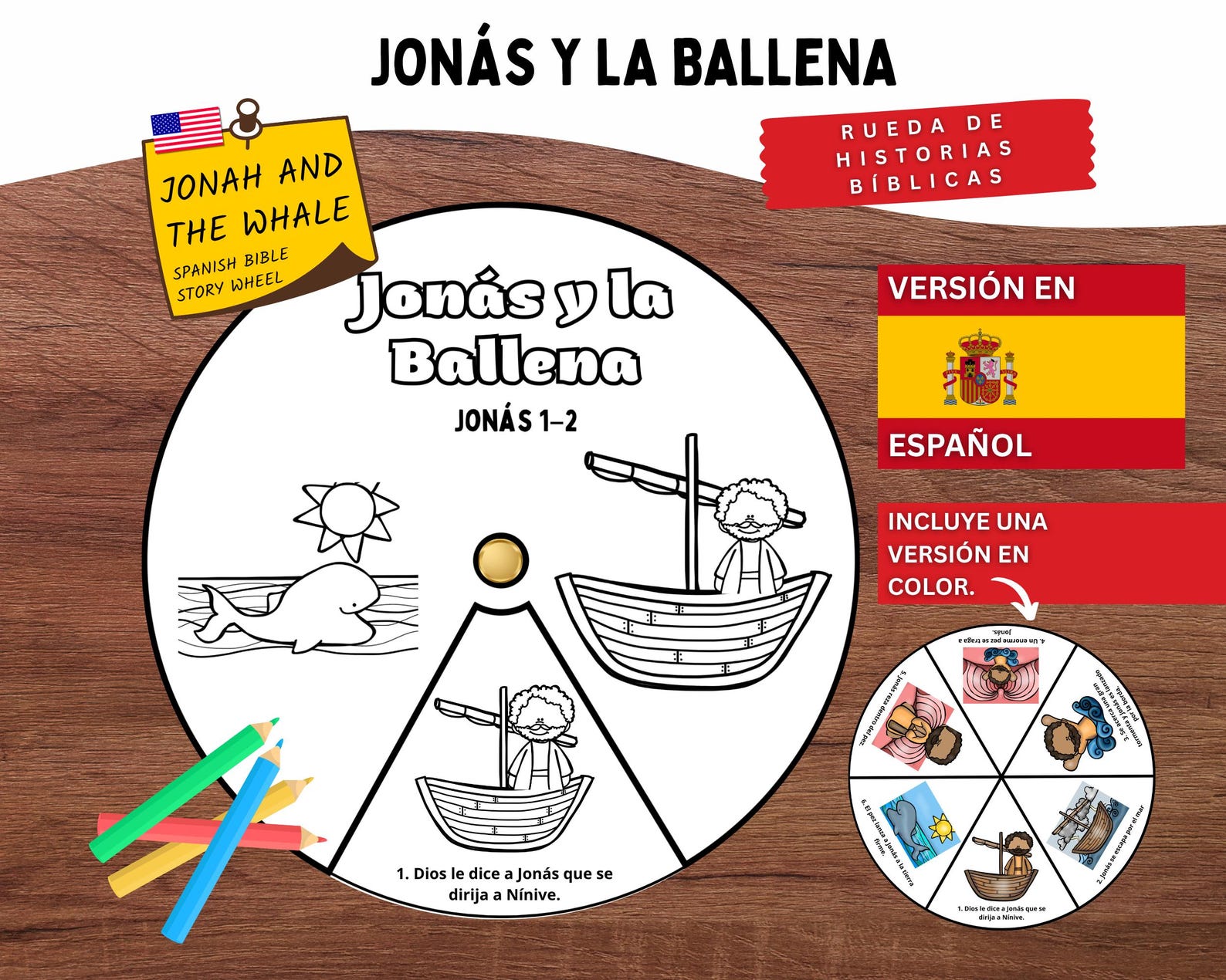 Jonah and the Whale Bible Story Wheel Spanish | Jonah 1–2 Kids Bible ...
