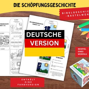 May include: A printable craft set for a creation story cube featuring black and white templates with German text, including illustrations of the sun, moon, stars, and animals, alongside a fully assembled colourful cube and coloured pencils.