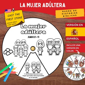 Jesus and the Woman Bible Story Wheel Spanish | John 8 Kids Bible Activity Disc Spinner | Cast First Stone Sunday School Craft Grace Kids