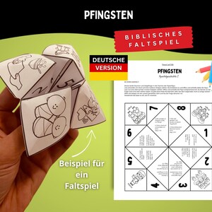 May include: A paper fortune teller game featuring black and white line drawings of biblical figures and numbers, alongside a printed instruction sheet titled PFINGSTEN Apostelgeschichte 2, which includes a diagram for folding the paper game.