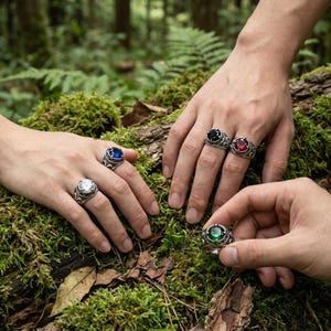 Gothic Sterling Silver Mens Ring Vintage Medieval Gemstone Jewelry Punk Biker Ring For Men Dark Aesthetic Jewelry Ruby Sapphire Emerald