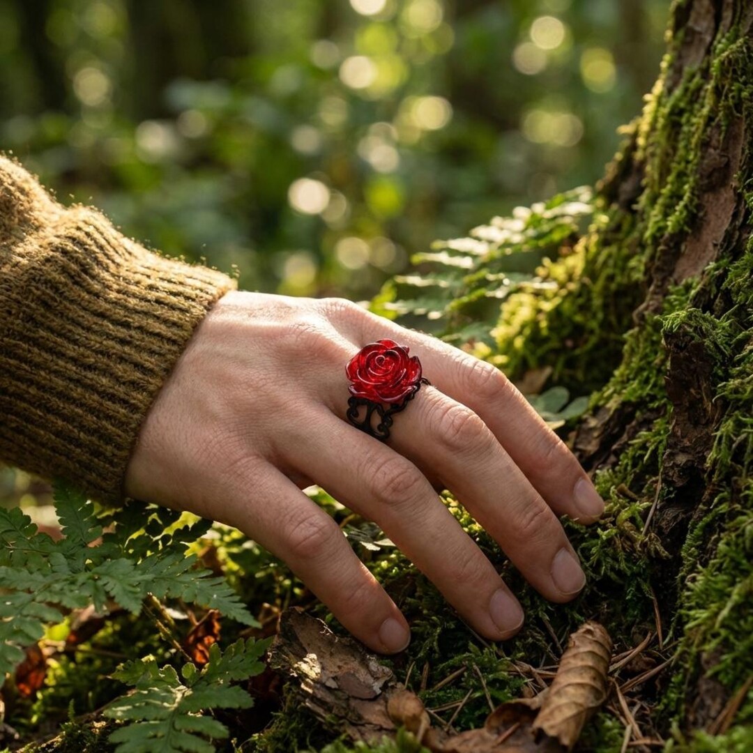 Rose Ring Gothic Red Black Adjustable Statement Floral Jewelry Dark ...