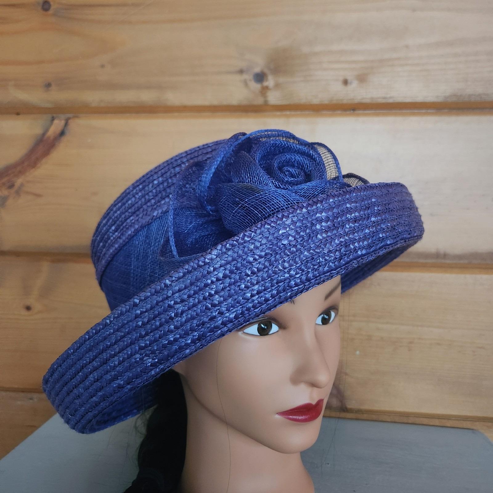 Betmar New York straw hat with feather trim Vintage Betmar New York Wide Brim Straw Hat Blue Net  main image 3