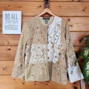 Chaqueta tipo blazer con forro, estampado floral vintage Indigo Moon, color tostado, talla L.