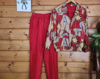 COACO Vintage Outfit 100% Silk Bomber Jacket Pants 90s Nautical Print Lined Sz M