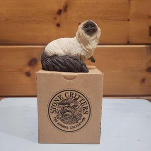 Op de afbeelding: Een beeldje van een Himalaya kat met een crèmekleurig lichaam en een donkerbruine staart en gezicht. De kat zit op een kartonnen doos met de tekst "Stone Critters The Animal Collection".