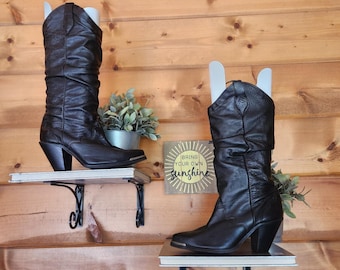 Vibram Sole Vintage Black Leather Western Slouch Heel Cowgirl Boots Festival 6M