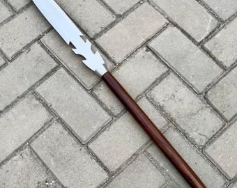 Barbed Leaf Blade Handmade Spear - Full Tang Throwing 30 Inch Hunting Tactical Greek Spear with Leather Sheath
