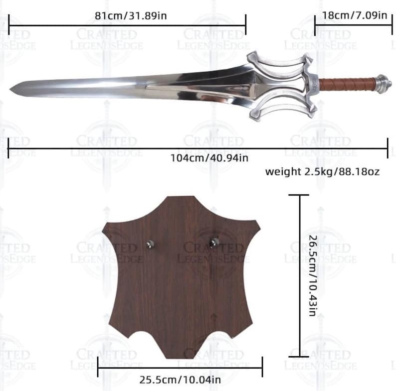 May include: A silver-colored sword with a brown leather grip and a decorative hilt. The sword is 104cm/40.94in long and weighs 2.5kg/88.18oz. A dark brown wooden display stand is also included, measuring 25.5cm/10.04in wide and 26.5cm/10.43in high.
