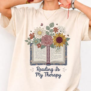Reading Is My Therapy Shirt,Floral Bookish T-shirt,Faux Embroidery Book Lover Gift,Aesthetic Reader Tee,Librarian Shirt,Patchwork Book Shirt