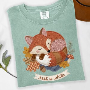 Faux Embroidery Fox T-Shirt, Patchwork Autumn Leaves, Cottagecore Gift