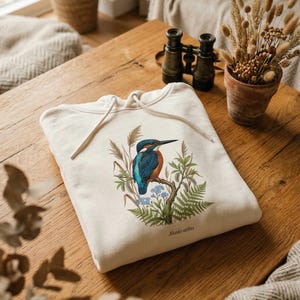 Eisvogel Hoodie Linolschnitt Bio-Baumwolle, Vogel Sweater Geschenk, Kingfisher Bird Hoodie