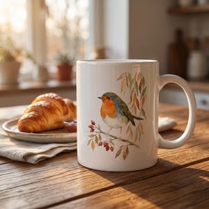 Robin Watercolor Mug, Bird Coffee Mug 330ml Ceramic, Gift for Bird Lovers and Nature Lovers