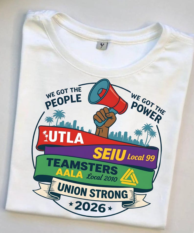 Labor movement PNG union strong workers rights protest design featuring a raised fist holding a red megaphone above a city skyline with palm trees, layered banners displaying UTLA SEIU Teamsters AALA and “Union Strong 2026” text, bold modern activist style with vibrant red, teal, green, and yellow colors, ideal for shirt sublimation, protest apparel, and digital download PNG file for union supporters and activists