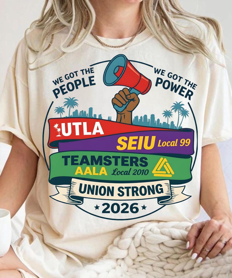 Labor movement PNG union strong workers rights protest design featuring a raised fist holding a red megaphone above a city skyline with palm trees, layered banners displaying UTLA SEIU Teamsters AALA and “Union Strong 2026” text, bold modern activist style with vibrant red, teal, green, and yellow colors, ideal for shirt sublimation, protest apparel, and digital download PNG file for union supporters and activists