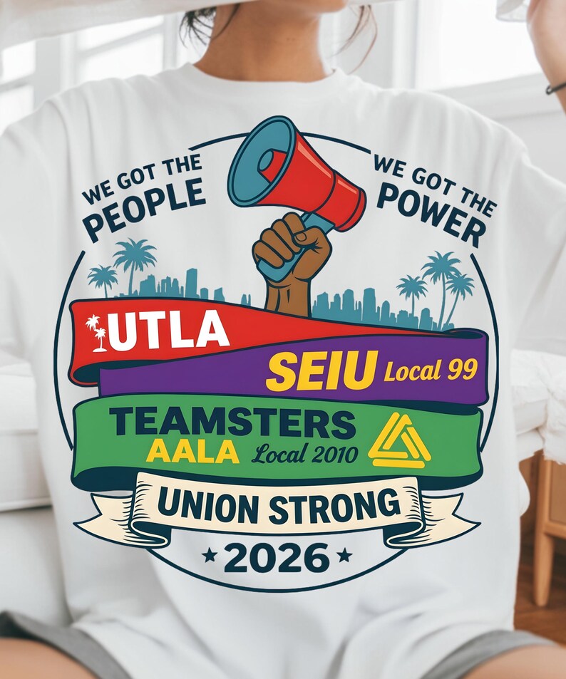 Labor movement PNG union strong workers rights protest design featuring a raised fist holding a red megaphone above a city skyline with palm trees, layered banners displaying UTLA SEIU Teamsters AALA and “Union Strong 2026” text, bold modern activist style with vibrant red, teal, green, and yellow colors, ideal for shirt sublimation, protest apparel, and digital download PNG file for union supporters and activists