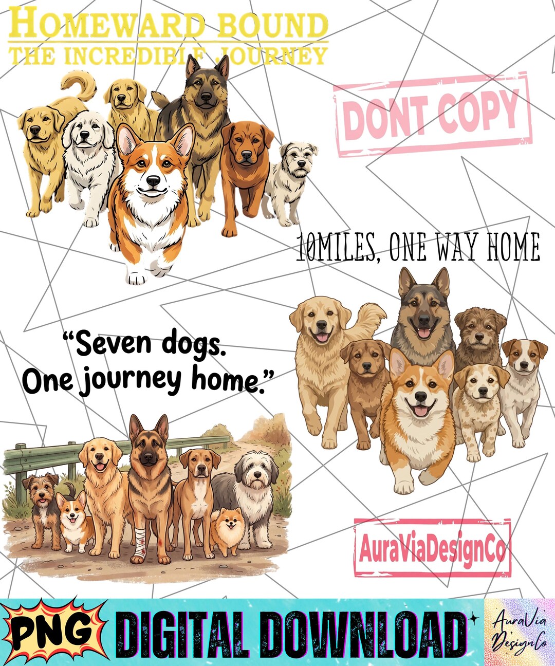 7 Dogs One Way Home PNG Bundle, 17KM Dog Journey Story, Corgi Leader ...