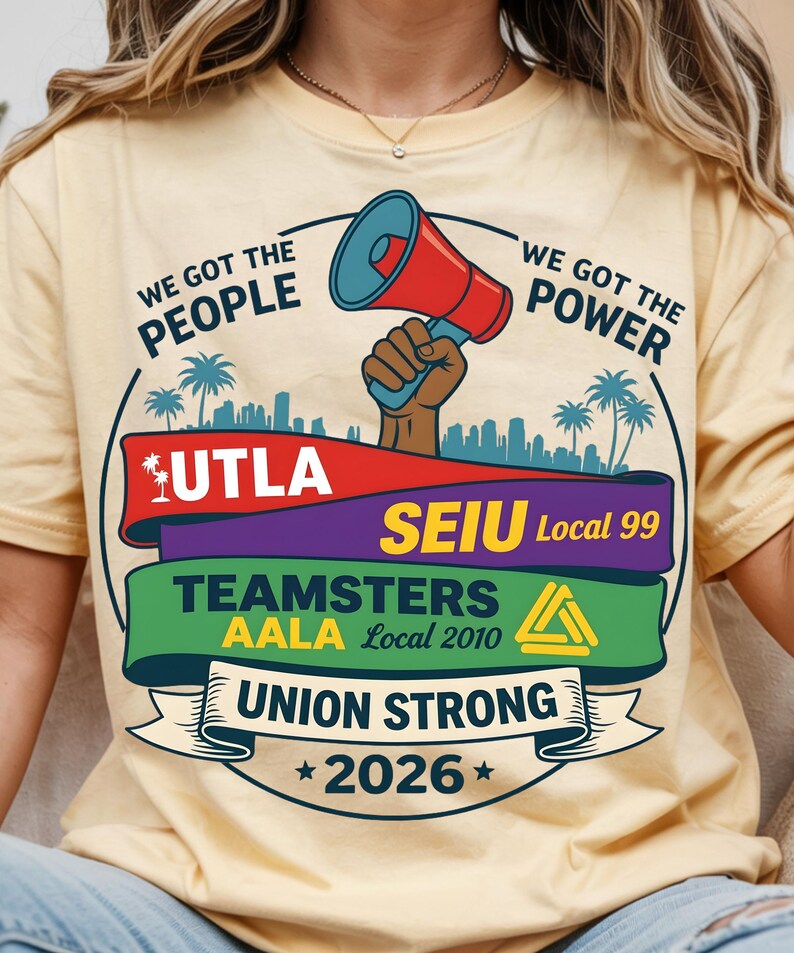 Labor movement PNG union strong workers rights protest design featuring a raised fist holding a red megaphone above a city skyline with palm trees, layered banners displaying UTLA SEIU Teamsters AALA and “Union Strong 2026” text, bold modern activist style with vibrant red, teal, green, and yellow colors, ideal for shirt sublimation, protest apparel, and digital download PNG file for union supporters and activists