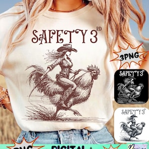 Puede incluir: Camiseta color crema con un boceto detallado de una persona montando un gallo, con el texto "SAFETY 3RD". Incluye opciones de descarga digital y archivo PNG.