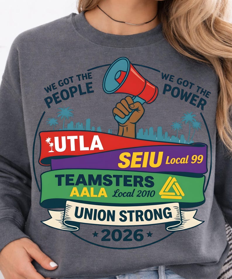 Labor movement PNG union strong workers rights protest design featuring a raised fist holding a red megaphone above a city skyline with palm trees, layered banners displaying UTLA SEIU Teamsters AALA and “Union Strong 2026” text, bold modern activist style with vibrant red, teal, green, and yellow colors, ideal for shirt sublimation, protest apparel, and digital download PNG file for union supporters and activists