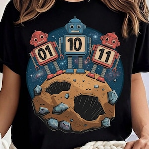 Op de afbeelding: Zwart T-shirt met een kleurrijke afbeelding van drie robots op een bruine asteroïde tegen een sterrenhemel. De robots zijn rood en blauw, met de nummers 01, 10 en 11 op hun borst. Het ontwerp heeft een ruimte thema.