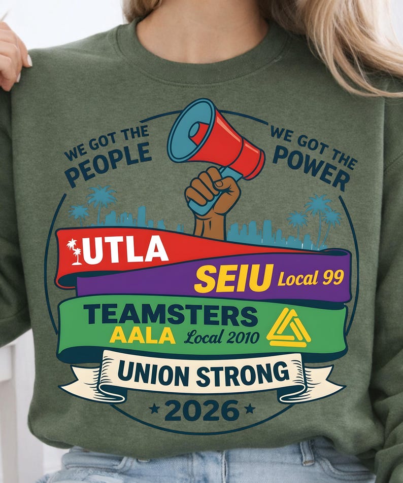 Labor movement PNG union strong workers rights protest design featuring a raised fist holding a red megaphone above a city skyline with palm trees, layered banners displaying UTLA SEIU Teamsters AALA and “Union Strong 2026” text, bold modern activist style with vibrant red, teal, green, and yellow colors, ideal for shirt sublimation, protest apparel, and digital download PNG file for union supporters and activists