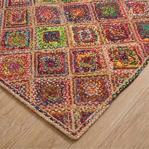 Tapete de juta artesanal em patchwork, tapete trançado multicolorido, tapete decorativo boho para casa.
