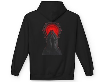 Czarna bluza z kapturem: Modlące się dłonie, czerwony księżyc, okultystyczne glify, gotycka bluza uliczna unisex