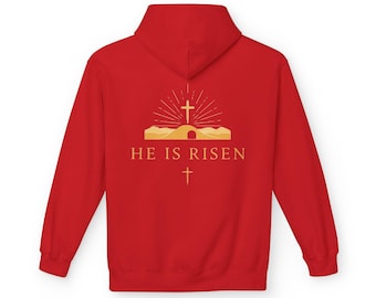 Bluza z kapturem z krzyżem „On zmartwychwstał” | Chrześcijański sweter wielkanocny unisex