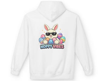 Bluza z kapturem Hoppy Vibes Bunny, sweter wiosenny w Wielkanoc, okulary przeciwsłoneczne z grafiką królika, unisex