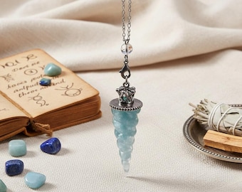 Péndulo de aguamarina en espiral / Cristal de radiestesia con corona / Herramienta de sanación metafísica