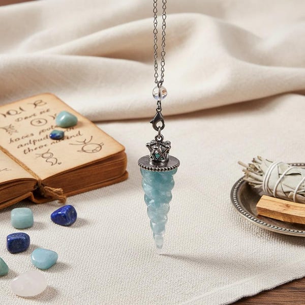 Spiral Aquamarine Pendulum | Crown Dowsing Crystal | Metaphysical Healing Tool