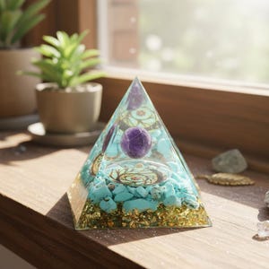 May include: A clear resin pyramid with a turquoise base, gold flakes, and a central purple sphere. The pyramid features a decorative design and is displayed on a wooden surface near a window.