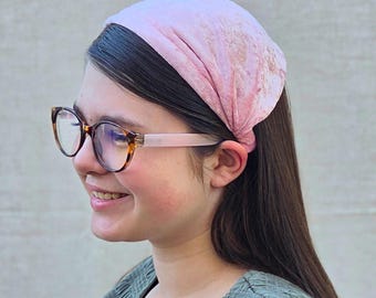 Headband Style Headcovering - Pink Panne Velvet - Easy-On/No Tie Cover - No-Slip Head Covering - Soft Headband