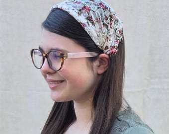 Headband Style Headcovering - White Lace with Flowers - Easy-On/No Tie Cover - No-Slip Head Covering - Soft Headband