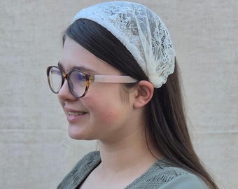 Headband Style Headcovering - Floral White Lace - Easy-On/No Tie Cover - No-Slip Head Covering - Soft Headband