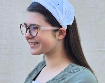 Headband Style Headcovering - White Eyelet - Easy-On/No Tie Cover - No-Slip Head Covering - Soft Headband